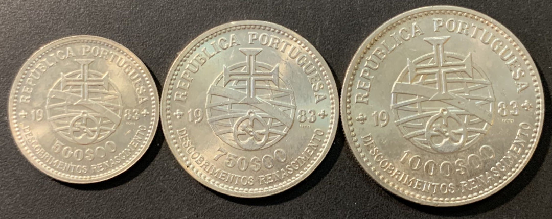 紫瑗钱币—微拍第80期  葡萄牙 1983年 17届欧洲博览会 500 750 1000埃斯库多 三枚 共40.5克 0.835银 BU