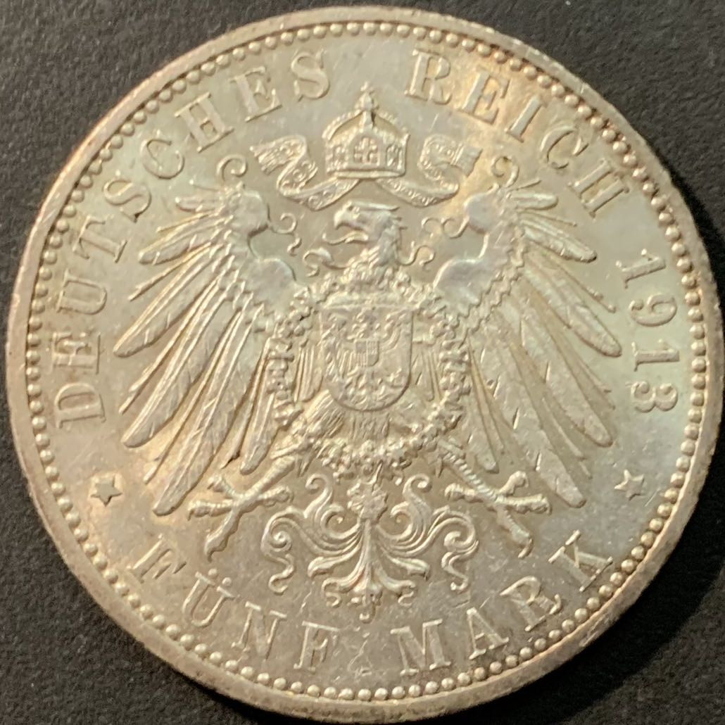 紫瑗钱币—微拍第80期  德国 汉堡 1913年 5马克 27.78克 0.9银 UNC
