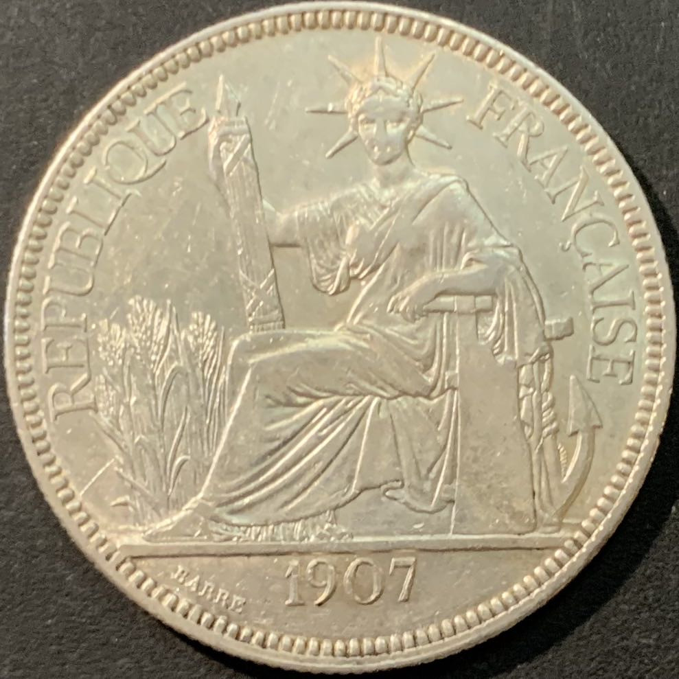 紫瑗钱币—微拍第80期  法属印度支那 1907年 1皮阿斯特 坐洋 27克 0.9银 XF品质