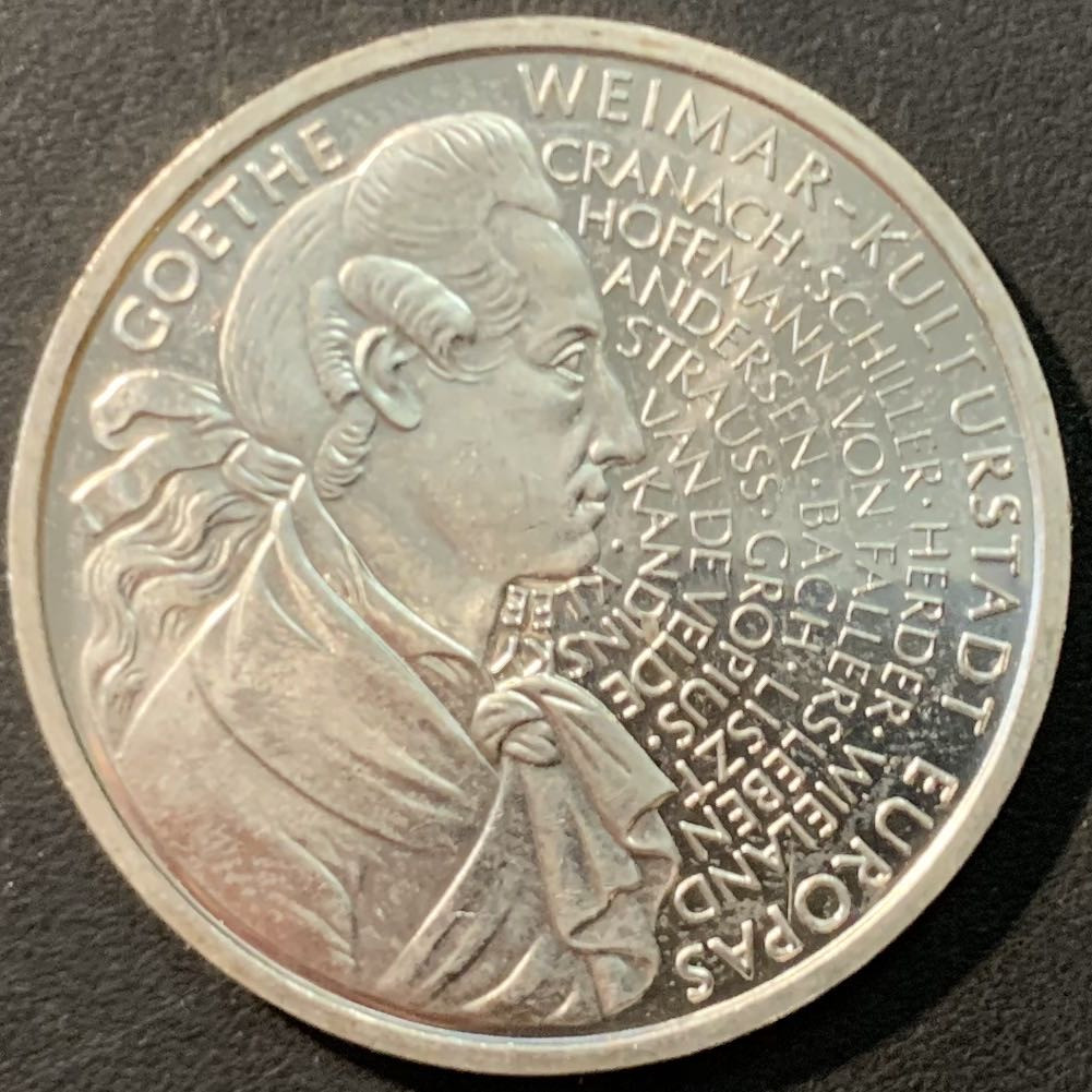 紫瑗钱币—微拍第80期  德国 1999年 F厂 歌德诞辰250周年 10马克 15.5克 0.925银 UNC