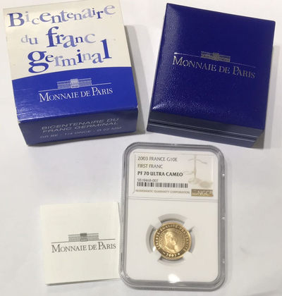 【随心拍&Getcoins】现代钱币拍卖第五十六期 - 法国2003年拿破仑一世法郎发行纪念金币NGCPF70