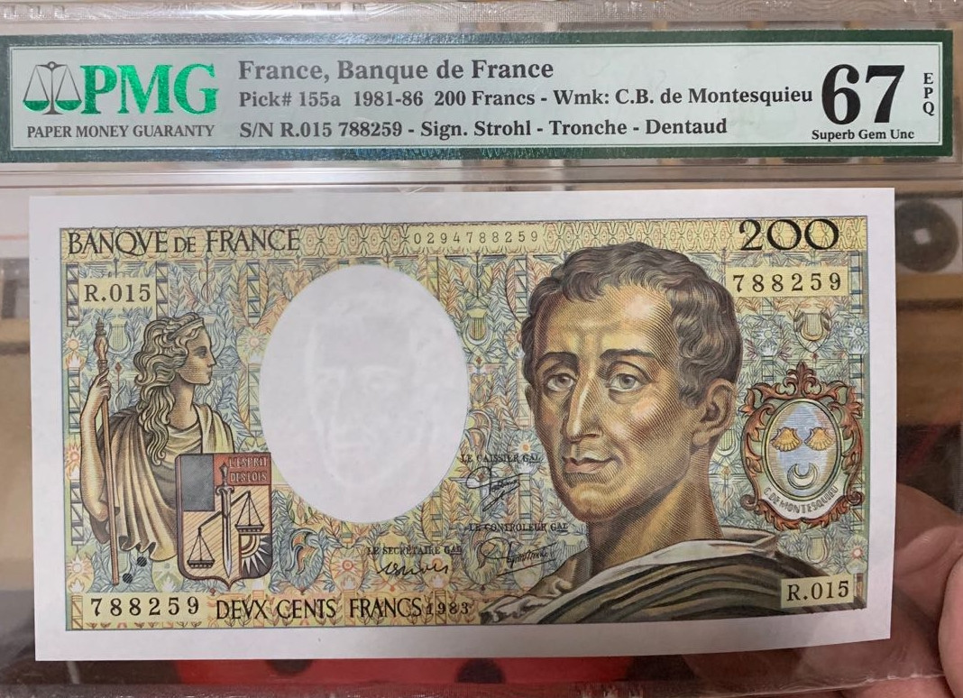 【收藏联盟】第150期拍卖——石头之国（共45拍） 法国 1981-86年200法郎 PMG67EPQ  p155a