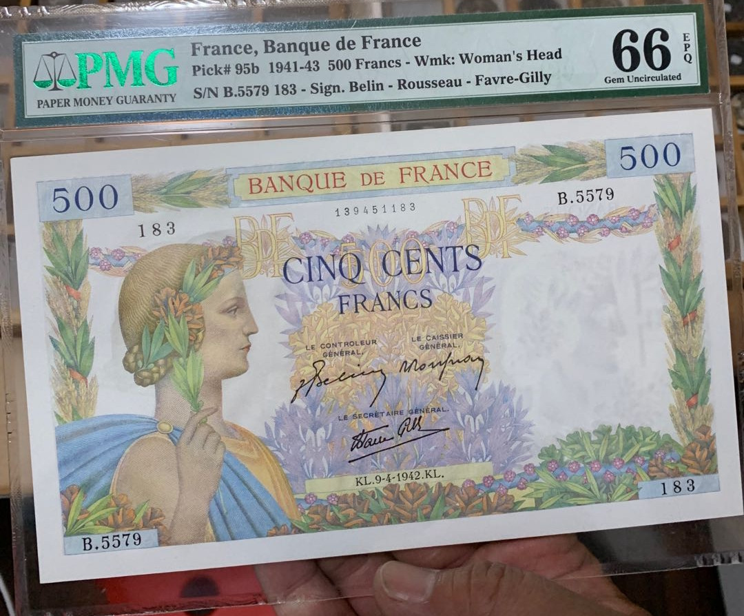 【收藏联盟】第150期拍卖——石头之国（共45拍） 法国 1941-43年500法郎 PMG66EPQ