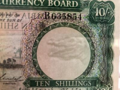 【收藏联盟】第150期拍卖——石头之国（共45拍） 【该国第一张纸币】冈比亚 1965-70年 10先令 p1a  BWC出品 双面雕刻 非常漂亮 