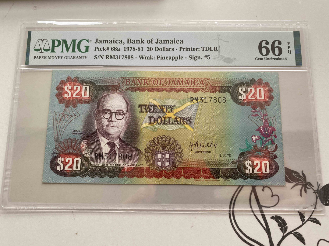 【收藏联盟】第150期拍卖——石头之国（共45拍） 牙买加 1978-81年20元 PMG66EPQ