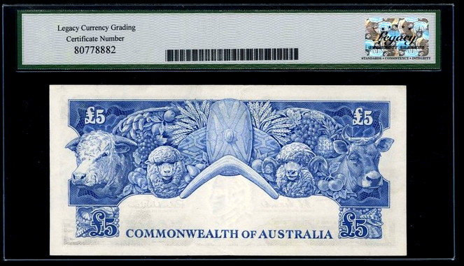 【收藏联盟】第150期拍卖——石头之国（共45拍） 澳大利亚 1960年5镑 LEGACY（PCGS绿标公司）55EPQ 原票 非常精美 双雕 状态好