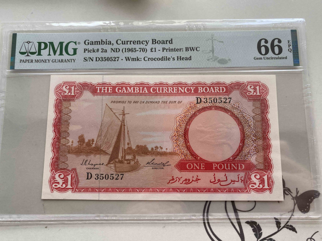 【收藏联盟】第150期拍卖——石头之国（共45拍） 冈比亚 1965-70年1镑 p2a BWC出品 PMG66EPQ 