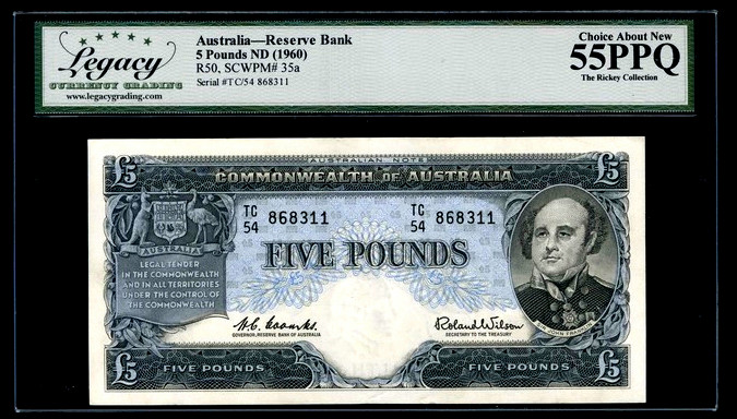 【收藏联盟】第150期拍卖——石头之国（共45拍） 澳大利亚 1960年5镑 LEGACY（PCGS绿标公司）55EPQ 原票 非常精美 双雕 状态好