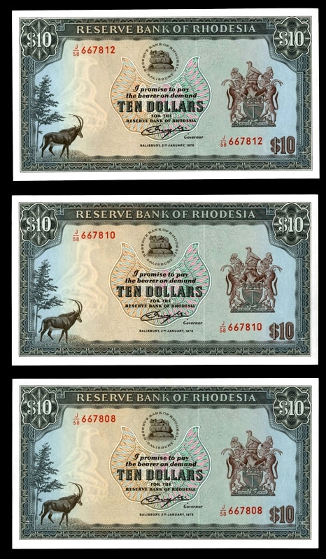 【收藏联盟】第150期拍卖——石头之国（共45拍） 【一组3张】罗德西亚 1979年10元 最高值 全新UNC  非常漂亮