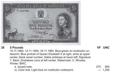 【收藏联盟】第150期拍卖——石头之国（共45拍） 罗德西亚 1964年 5镑戎装女王 BWC出品 PMG64EPQ 原票UNC 雕刻非常漂亮经典