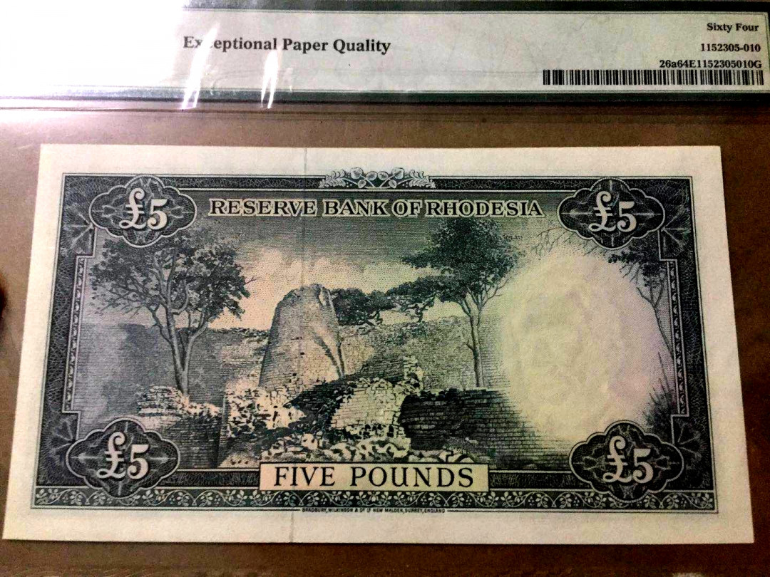 【收藏联盟】第150期拍卖——石头之国（共45拍） 罗德西亚 1964年 5镑戎装女王 BWC出品 PMG64EPQ 原票UNC 雕刻非常漂亮经典