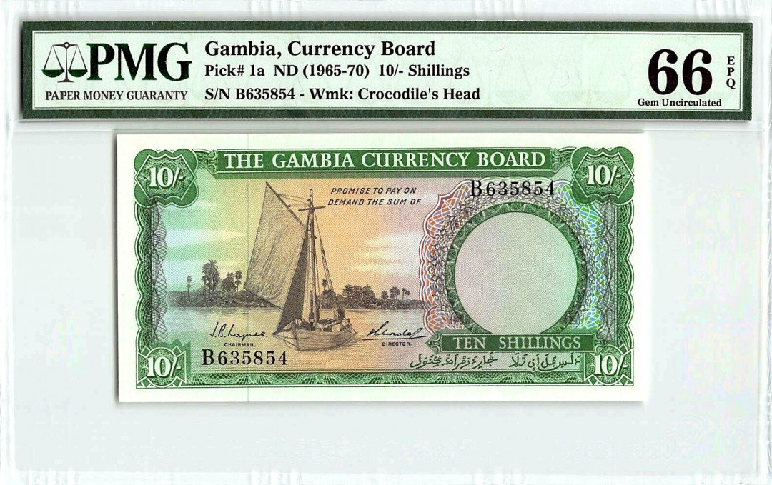 【收藏联盟】第150期拍卖——石头之国（共45拍） 【该国第一张纸币】冈比亚 1965-70年 10先令 p1a  BWC出品 双面雕刻 非常漂亮 