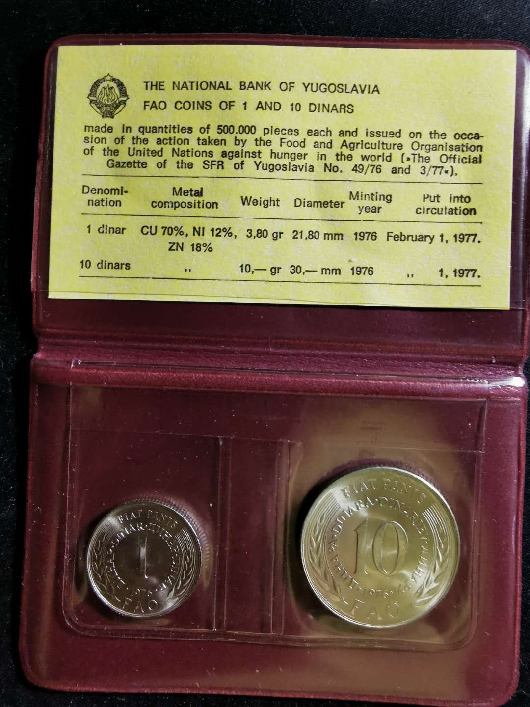 【鲸贝乐淘】千字文·第“荣业所基，籍甚无竟”号拍卖 【南斯拉夫】原封装铜镍流通版纪念币，一套两枚，1977年1和10第纳尔, 全新全品UNC 