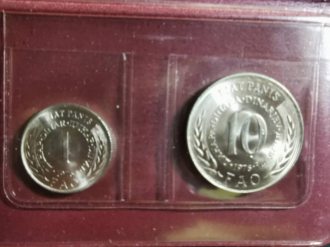 【鲸贝乐淘】千字文·第“荣业所基，籍甚无竟”号拍卖 【南斯拉夫】原封装铜镍流通版纪念币，一套两枚，1977年1和10第纳尔, 全新全品UNC 