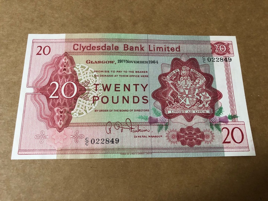 【收藏联盟】第151期拍卖——奥运精神（共60拍） 【首发年份】苏格兰克莱斯戴尔银行 1964年 20镑 XF~AU 票面较干净雕刻非常震撼精美较稀少