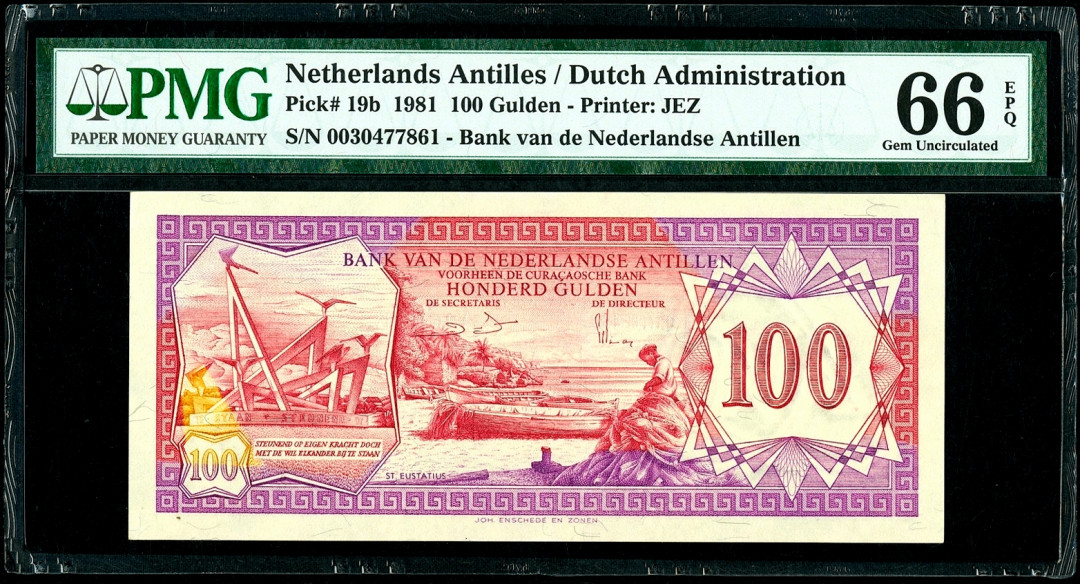 【收藏联盟】第151期拍卖——奥运精神（共60拍） 荷属安的列斯 1981年100盾 PMG66EPQ  JEZ经典 细节非常漂亮