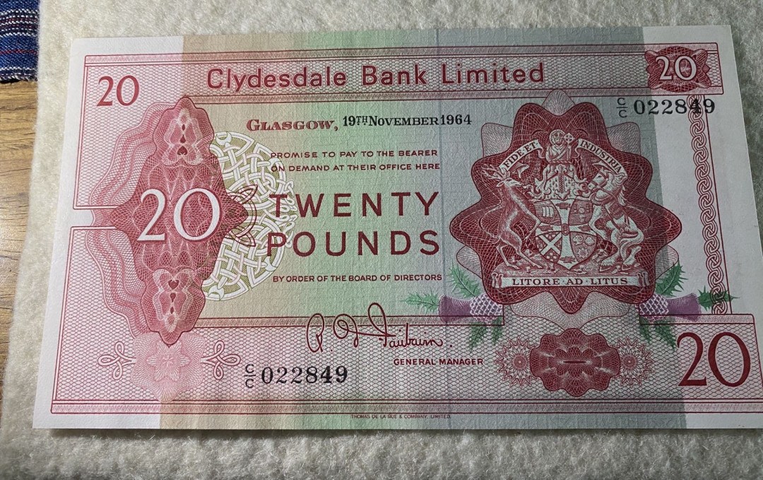 【收藏联盟】第151期拍卖——奥运精神（共60拍） 【首发年份】苏格兰克莱斯戴尔银行 1964年 20镑 XF~AU 票面较干净雕刻非常震撼精美较稀少
