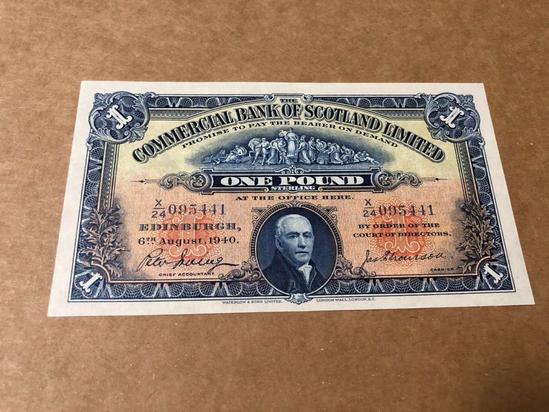 【收藏联盟】第151期拍卖——奥运精神（共60拍） 【早期年份】苏格兰商业银行 1940年1镑 雕刻非常漂亮 AU+ 该状态较少见  