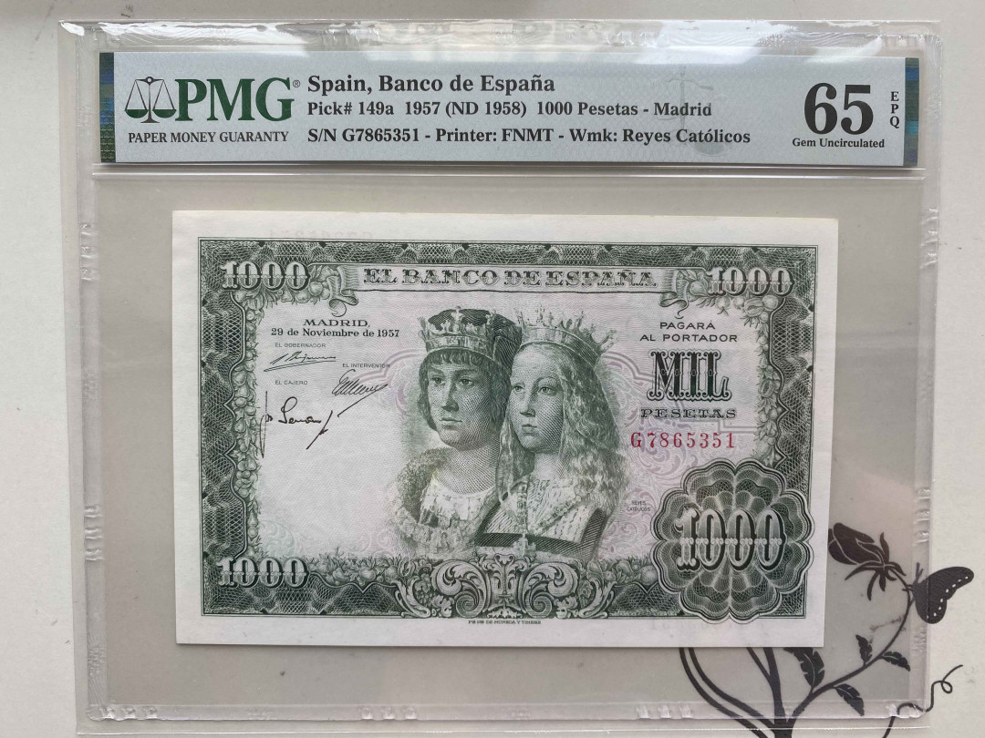 【收藏联盟】第151期拍卖——奥运精神（共60拍） 西班牙 1957年1000比塞塔 PMG65EPQ 经典双王