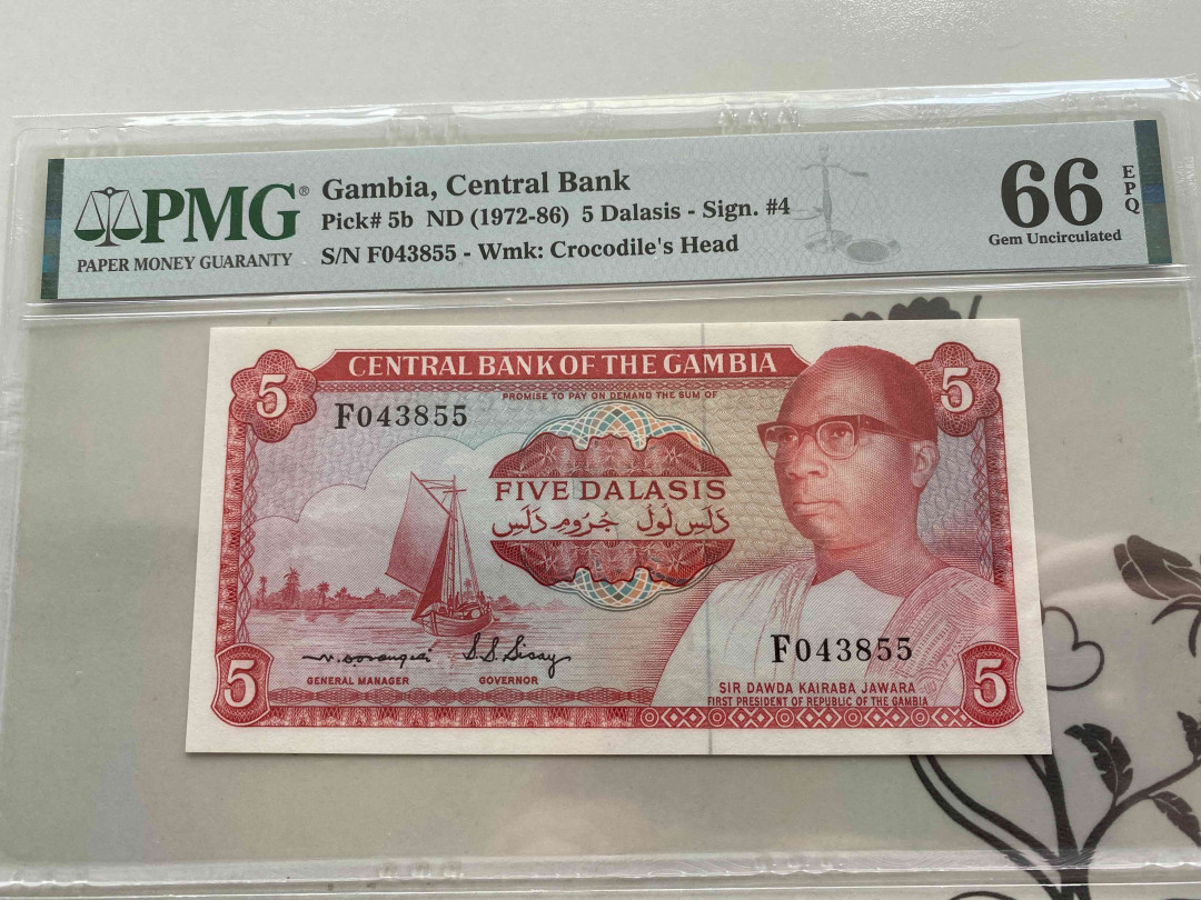 【收藏联盟】第151期拍卖——奥运精神（共60拍） 冈比亚 1972-86年5达拉西 PMG66EPQ 精美