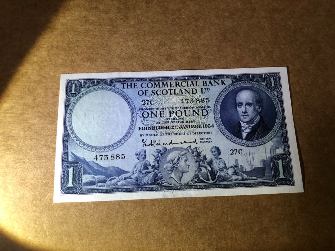 【收藏联盟】第151期拍卖——奥运精神（共60拍） 苏格兰商业银行 1954年 1镑 UNC- 雕刻非常细腻绝美 女神水印 