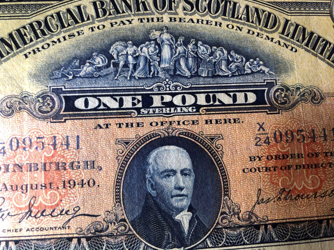 【收藏联盟】第151期拍卖——奥运精神（共60拍） 【早期年份】苏格兰商业银行 1940年1镑 雕刻非常漂亮 AU+ 该状态较少见  