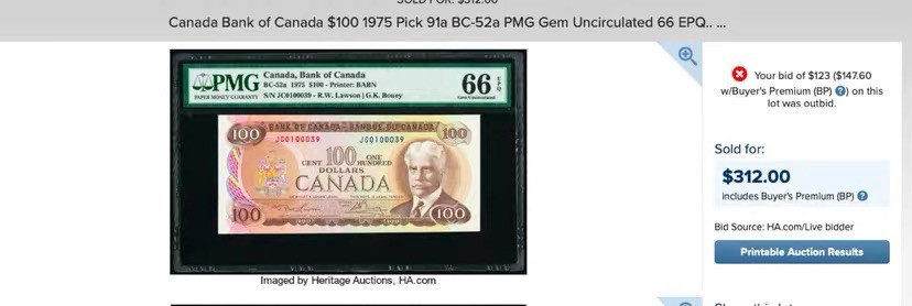 【收藏联盟】第151期拍卖——奥运精神（共60拍） 加拿大 1975年100元 BC-52b PMG66EPQ  总理罗伯特•博登