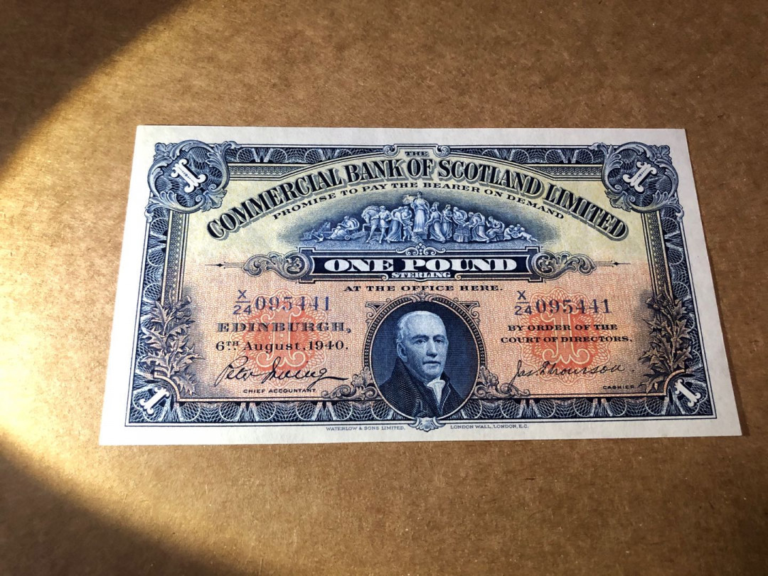 【收藏联盟】第151期拍卖——奥运精神（共60拍） 【早期年份】苏格兰商业银行 1940年1镑 雕刻非常漂亮 AU+ 该状态较少见  