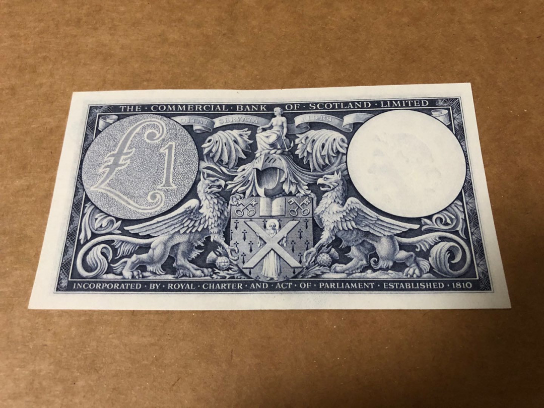 【收藏联盟】第151期拍卖——奥运精神（共60拍） 苏格兰商业银行 1954年 1镑 UNC- 雕刻非常细腻绝美 女神水印 