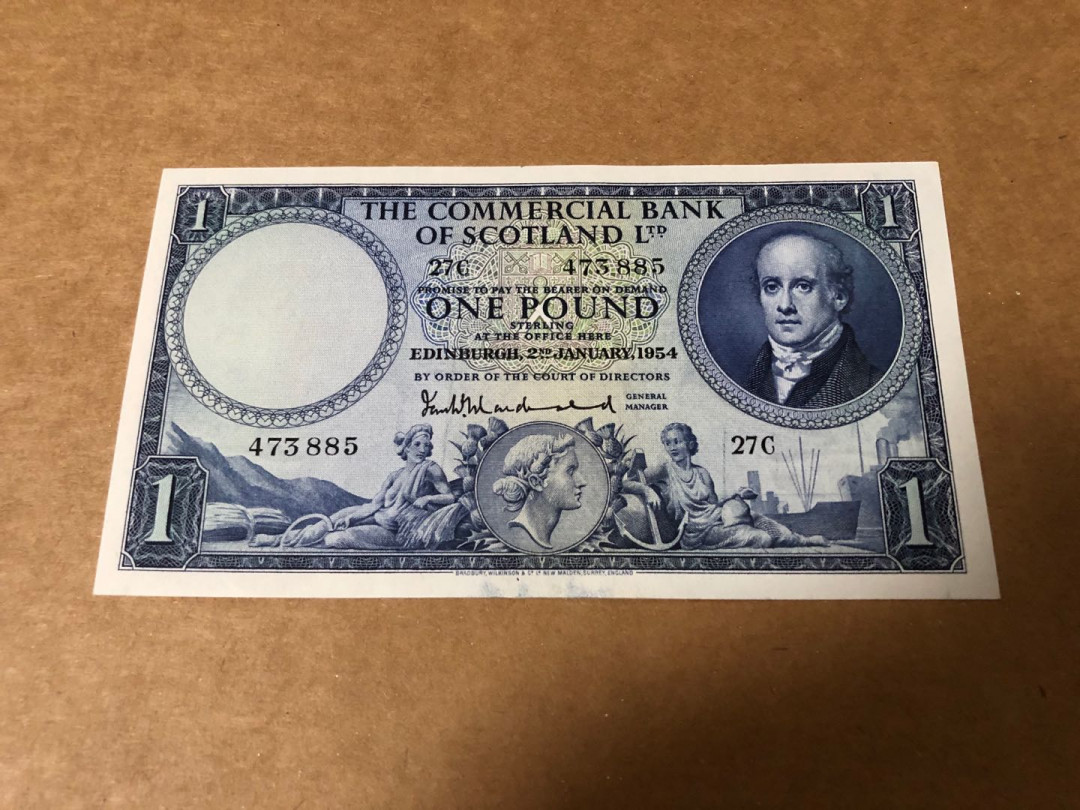 【收藏联盟】第151期拍卖——奥运精神（共60拍） 苏格兰商业银行 1954年 1镑 UNC- 雕刻非常细腻绝美 女神水印 