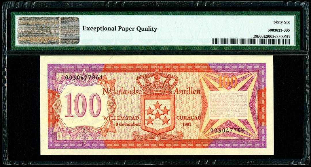 【收藏联盟】第151期拍卖——奥运精神（共60拍） 荷属安的列斯 1981年100盾 PMG66EPQ  JEZ经典 细节非常漂亮
