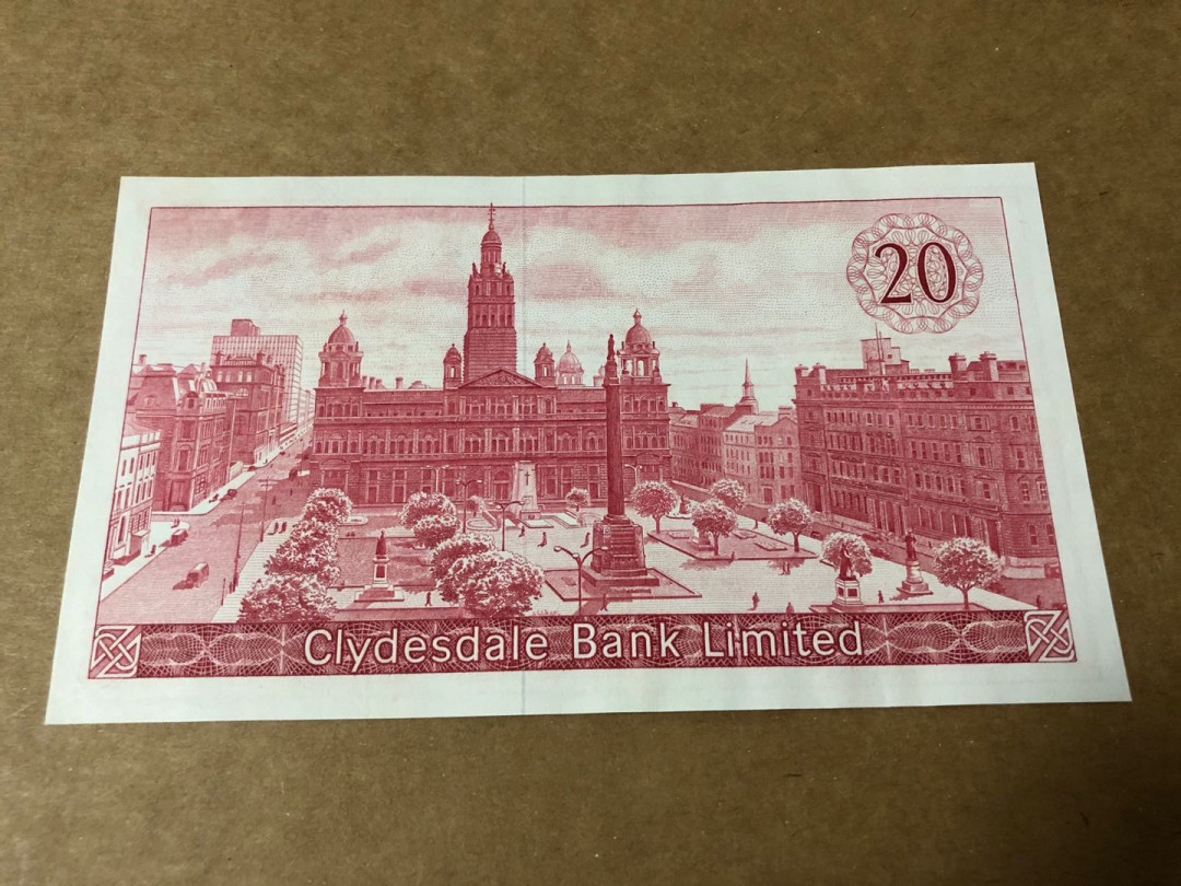 【收藏联盟】第151期拍卖——奥运精神（共60拍） 【首发年份】苏格兰克莱斯戴尔银行 1964年 20镑 XF~AU 票面较干净雕刻非常震撼精美较稀少