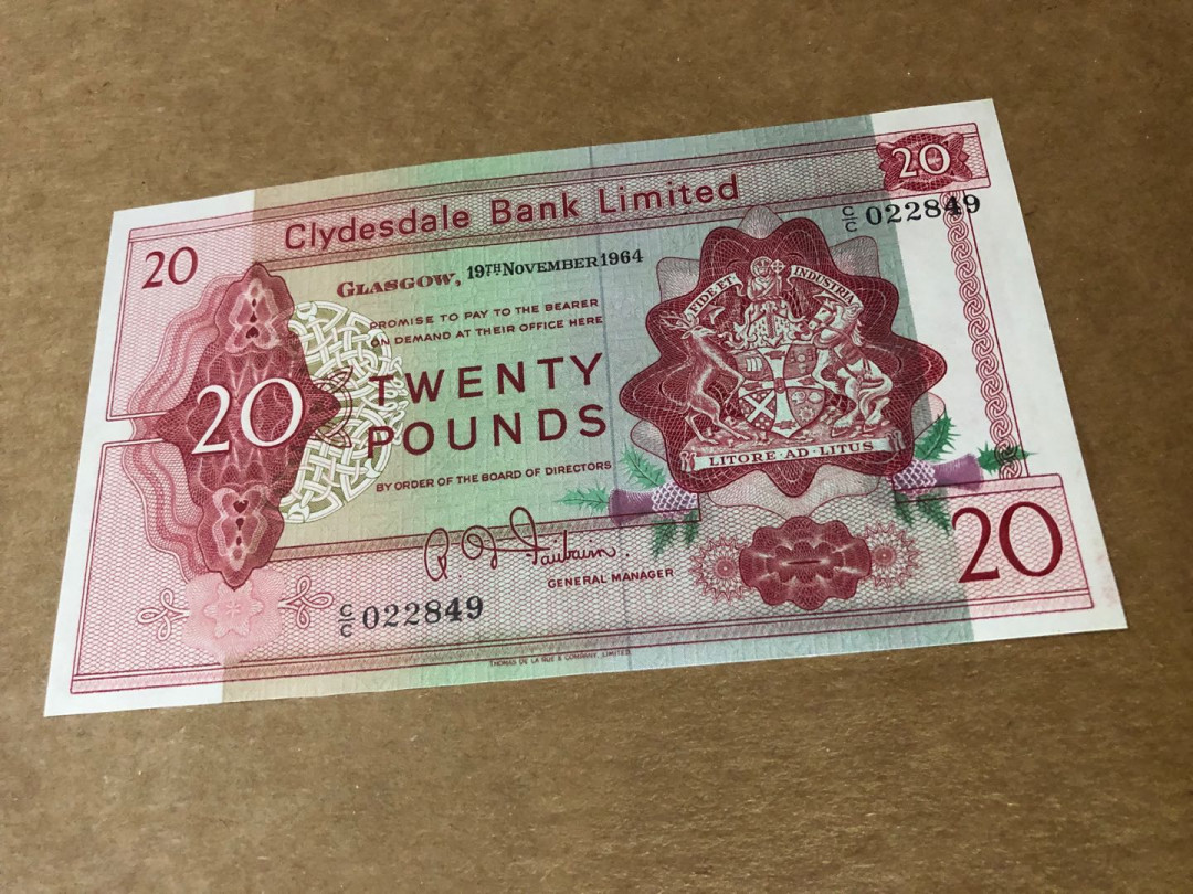 【收藏联盟】第151期拍卖——奥运精神（共60拍） 【首发年份】苏格兰克莱斯戴尔银行 1964年 20镑 XF~AU 票面较干净雕刻非常震撼精美较稀少
