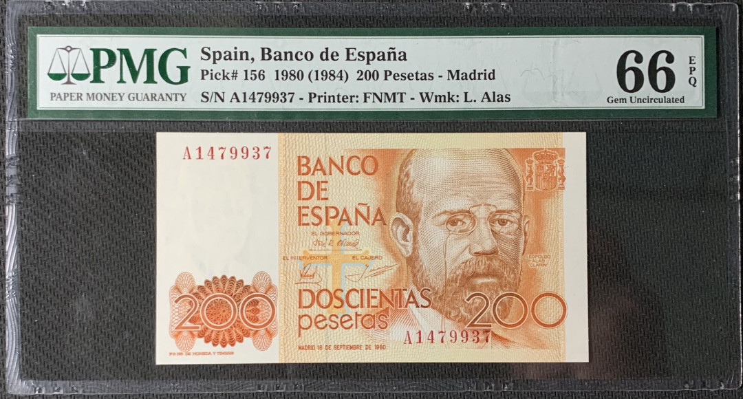 紫瑗钱币—微拍第83期—纸币场 西班牙 1980（1984） 200比塞塔 PMG 66 EPQ (P-156)