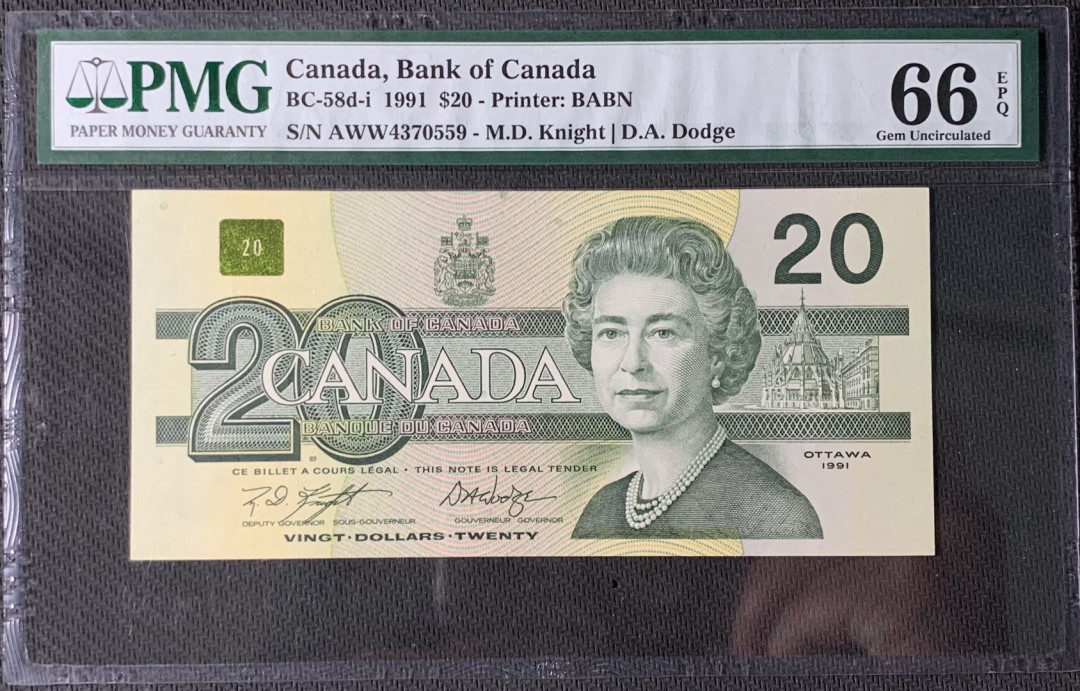 紫瑗钱币—微拍第83期—纸币场 加拿大 1991年 加拿大潜鸟 20元 PMG 66 EPQ （P-97d）