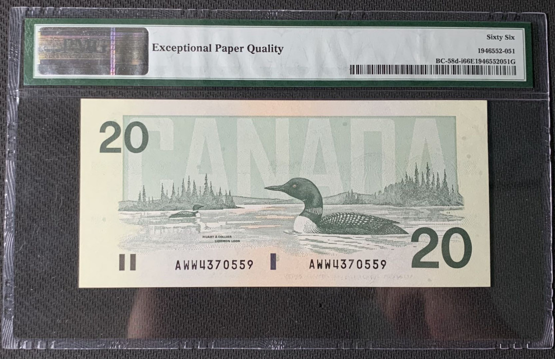 紫瑗钱币—微拍第83期—纸币场 加拿大 1991年 加拿大潜鸟 20元 PMG 66 EPQ （P-97d）