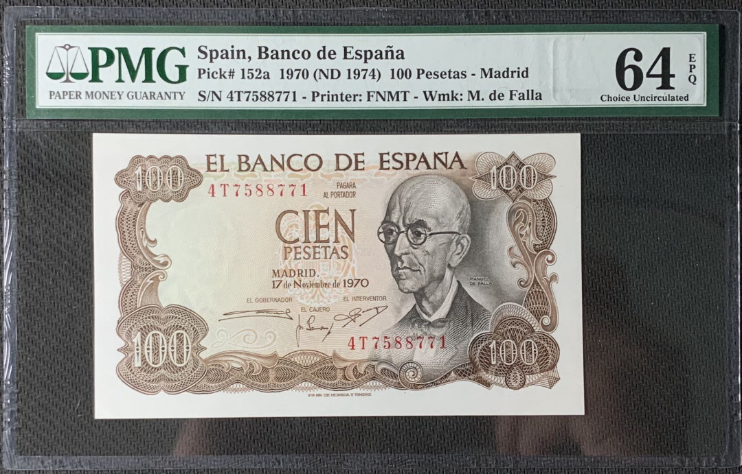 紫瑗钱币—微拍第83期—纸币场 西班牙 1970（1974）年 100比塞塔 PMG 64 EPQ （P-152a）