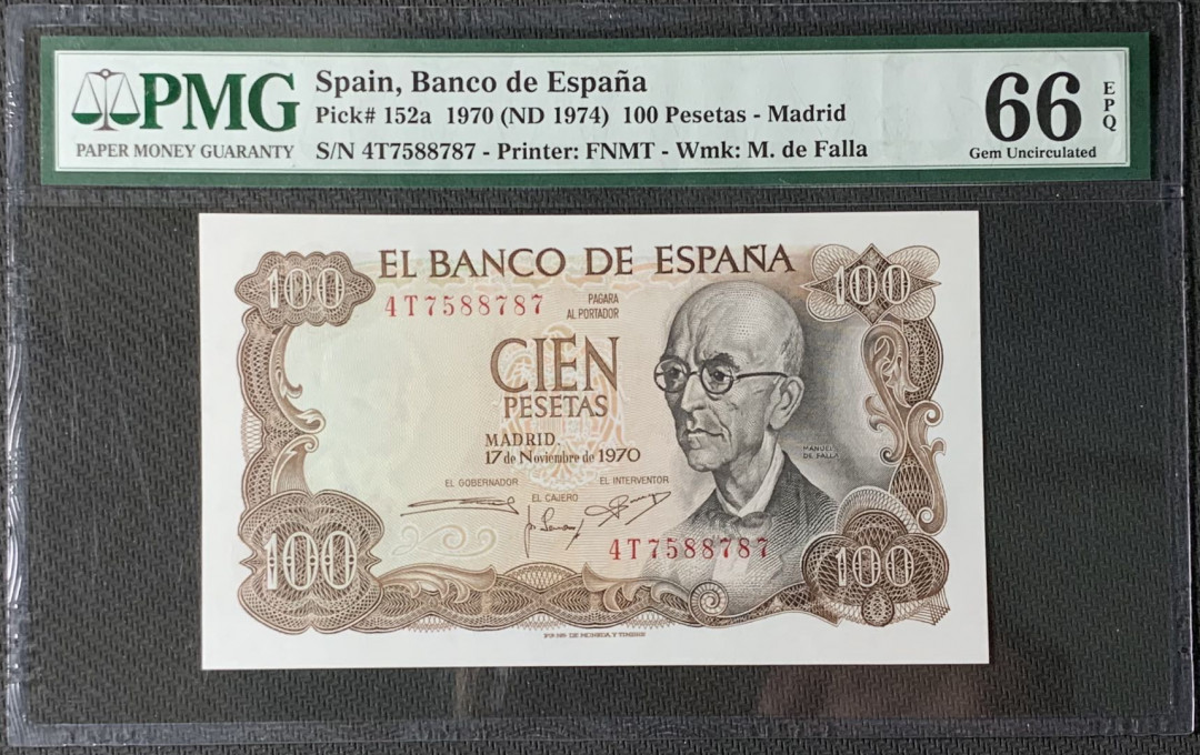 紫瑗钱币—微拍第83期—纸币场 西班牙 1970（1974）年 100比塞塔 PMG 66 EPQ （P-152a）