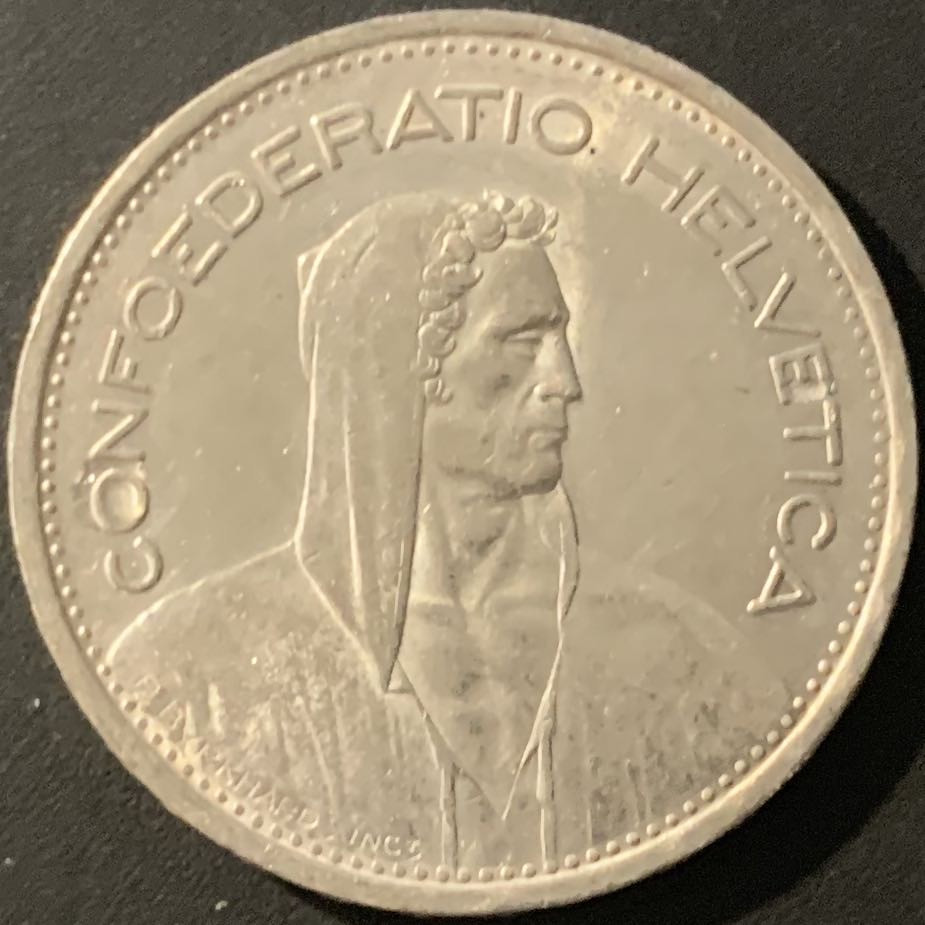 紫瑗钱币—微拍第84期  瑞士 1954年 5法郎 15克 0.835银