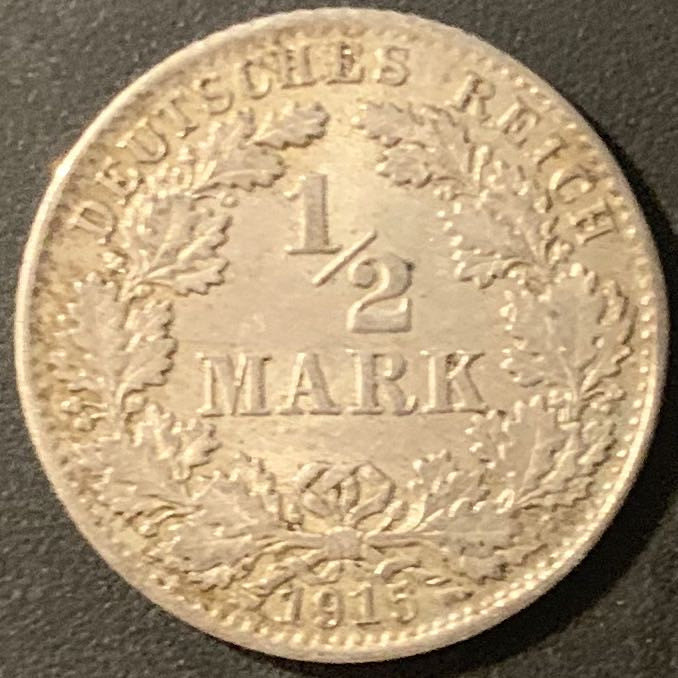紫瑗钱币—微拍第84期  德国 1915年 D厂 1/2马克 2.77克 0.9银