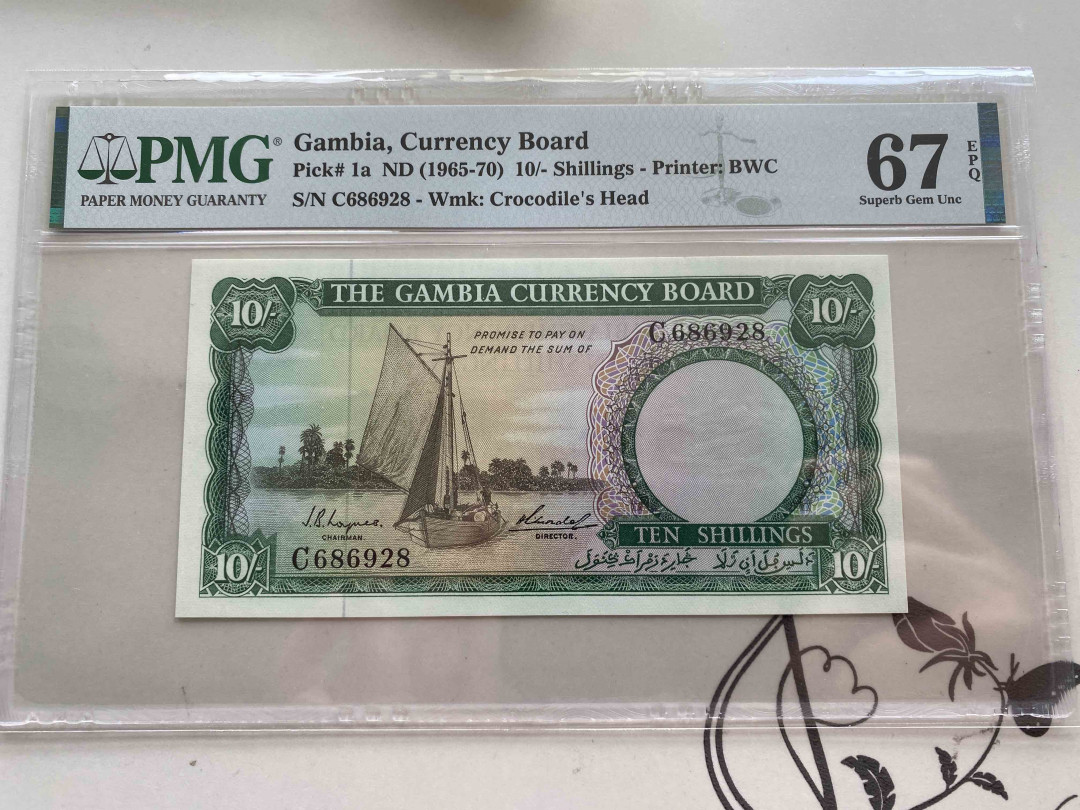 【收藏联盟】第152期拍卖——塞舌尔大海龟（共55拍） 【该国第一张纸币】冈比亚 1965-70年 10先令 PMG67EPQ  p1a BWC出品
