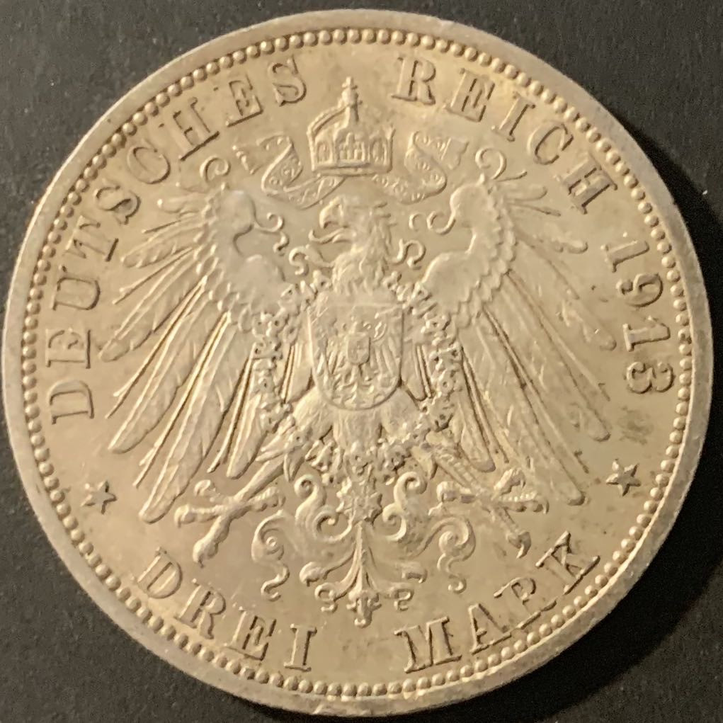 紫瑗钱币—微拍第84期  德国 普鲁士 1913年 军装 3马克 16.67克 0.9银 UNC