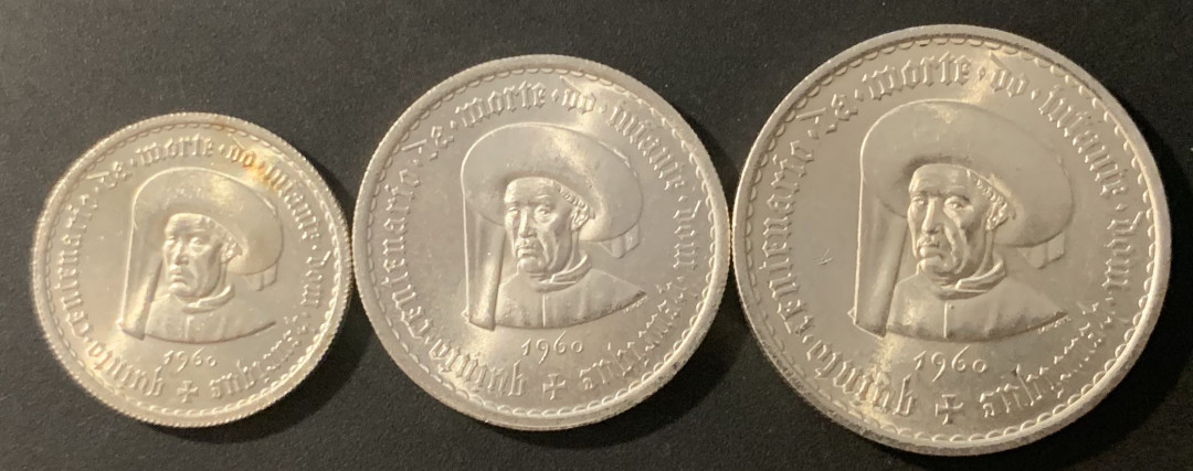 紫瑗钱币—微拍第84期  葡萄牙 1960年 亨利王子500周年  5 10 20埃斯库多 三枚一套 共40.5克 0.835银 UNC