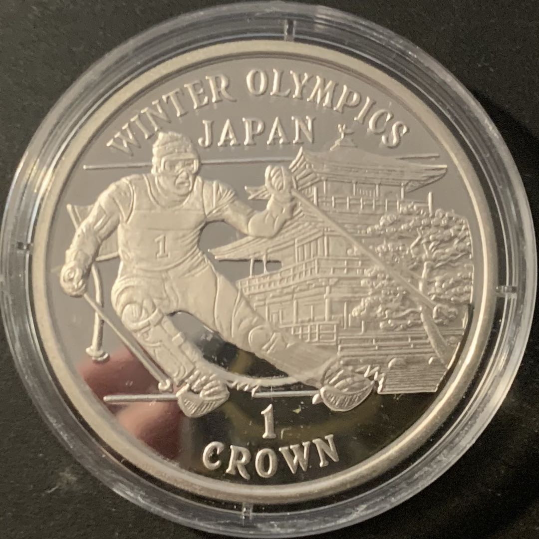 紫瑗钱币—微拍第84期  直布罗陀 1998年 长野冬奥会 曾可治寺回转滑雪运动员 1克朗 28.28克 0.925银 精制