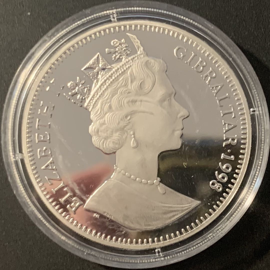 紫瑗钱币—微拍第84期  直布罗陀 1998年 长野冬奥会 曾可治寺回转滑雪运动员 1克朗 28.28克 0.925银 精制