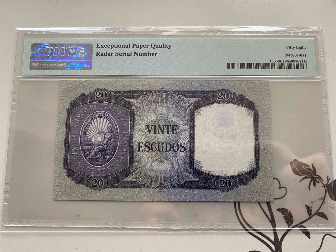 【收藏联盟】第152期拍卖——塞舌尔大海龟（共55拍） 【雷达号06660】葡萄牙 1960年20埃斯库多 PMG58EPQ BWC出品
