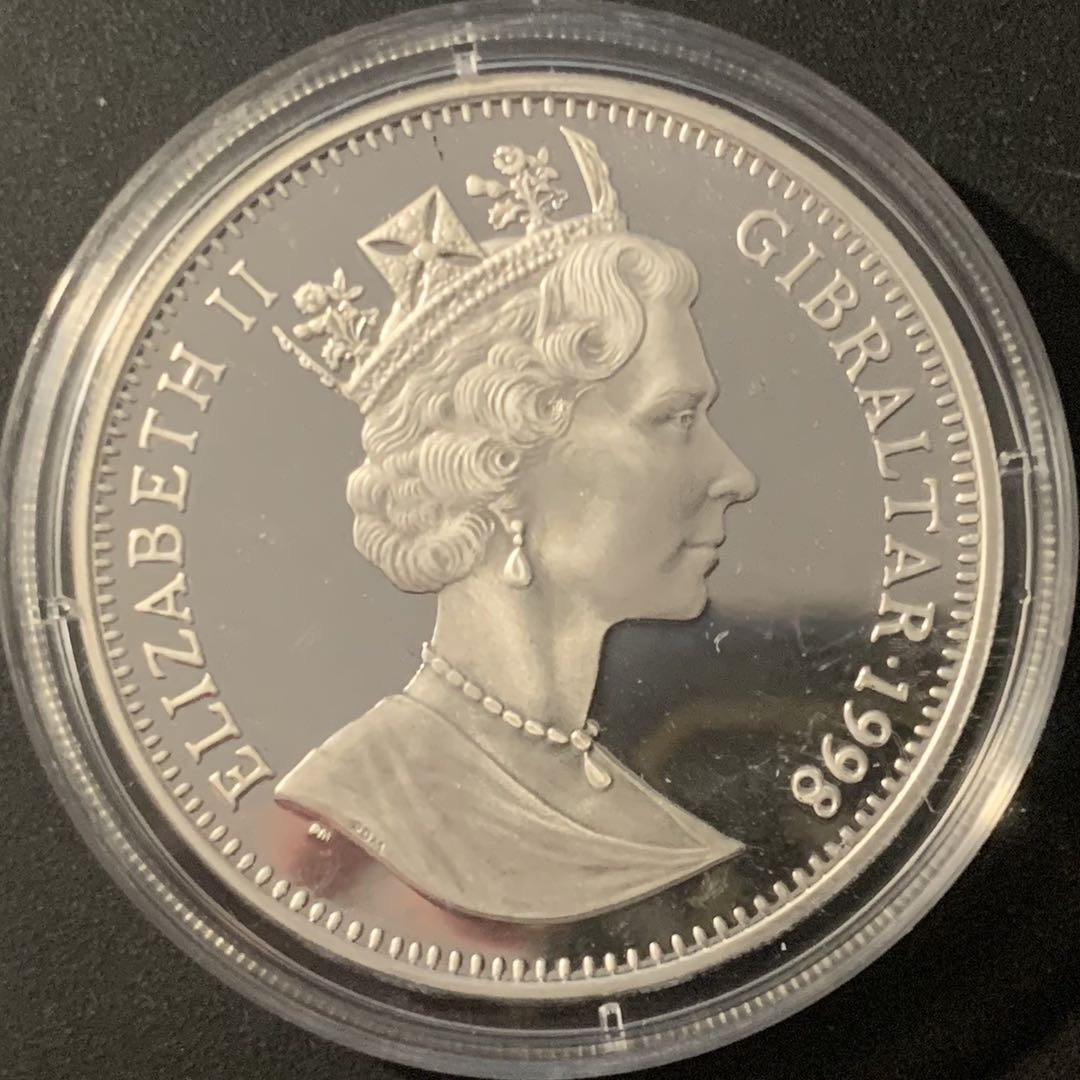 紫瑗钱币—微拍第84期  直布罗陀 1998年 长野冬奥会 速滑和子弹头列车 1克朗 28.28克 0.925银 精制