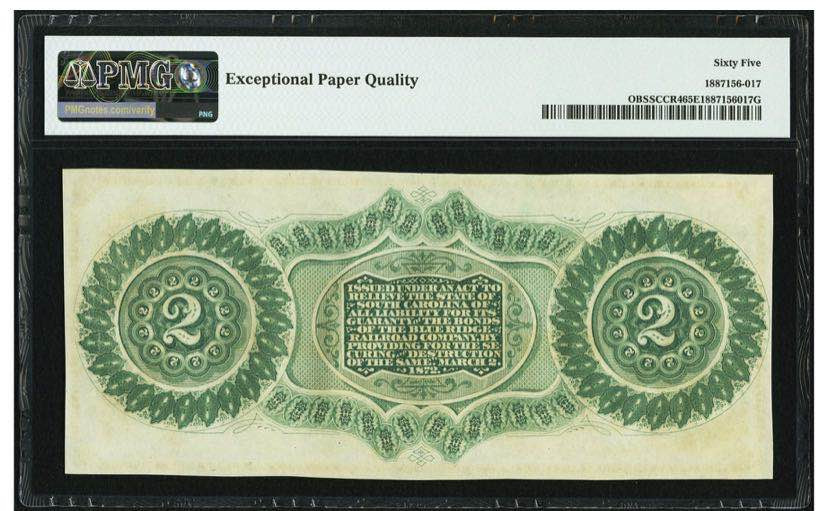 【收藏联盟】第152期拍卖——塞舌尔大海龟（共55拍） 美国 南加利福尼亚 1872年 2美金 PMG65EPQ 雕刻精美