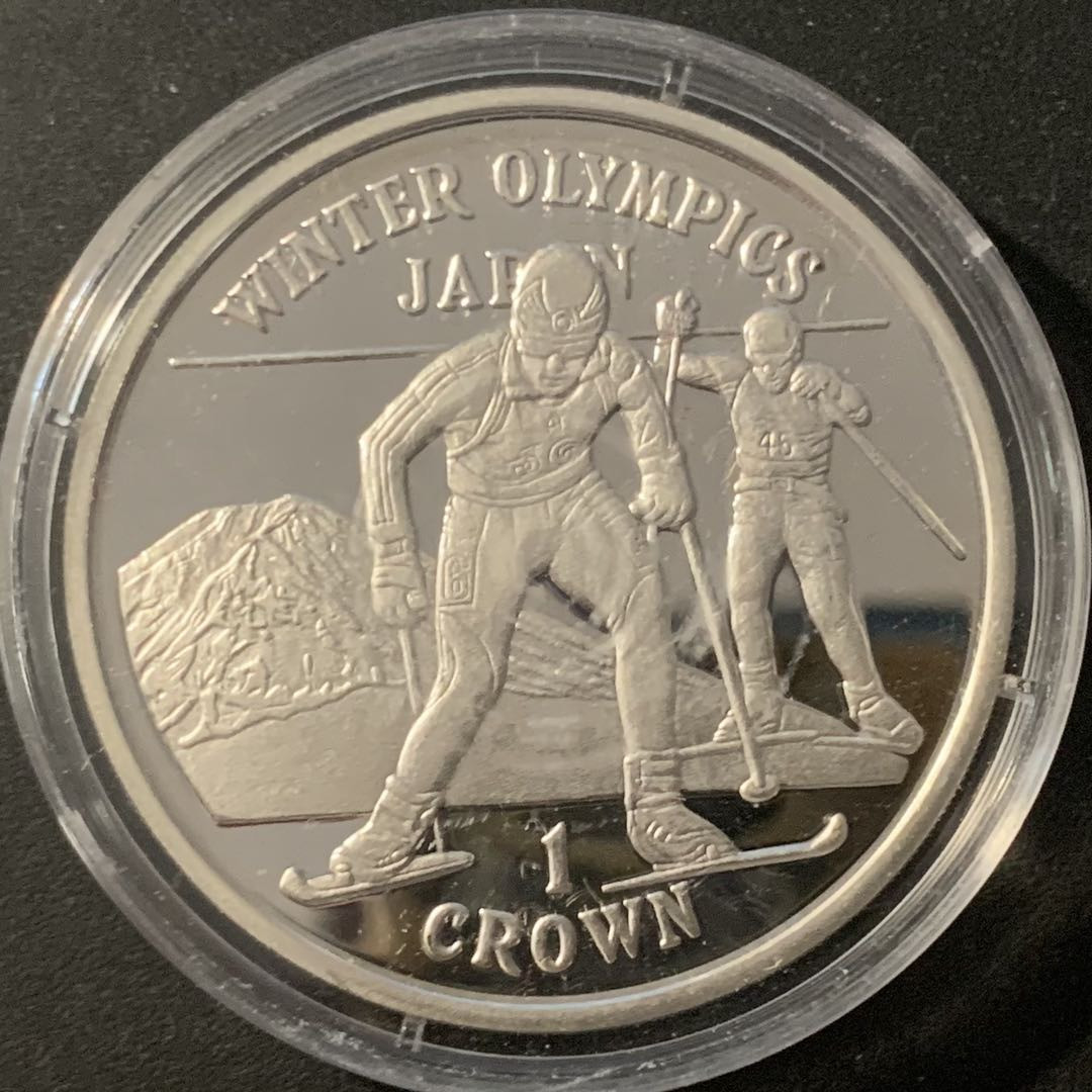 紫瑗钱币—微拍第84期  直布罗陀 1998年 长野冬奥会 越野滑雪运动员 1克朗 28.28克 0.925银 精制