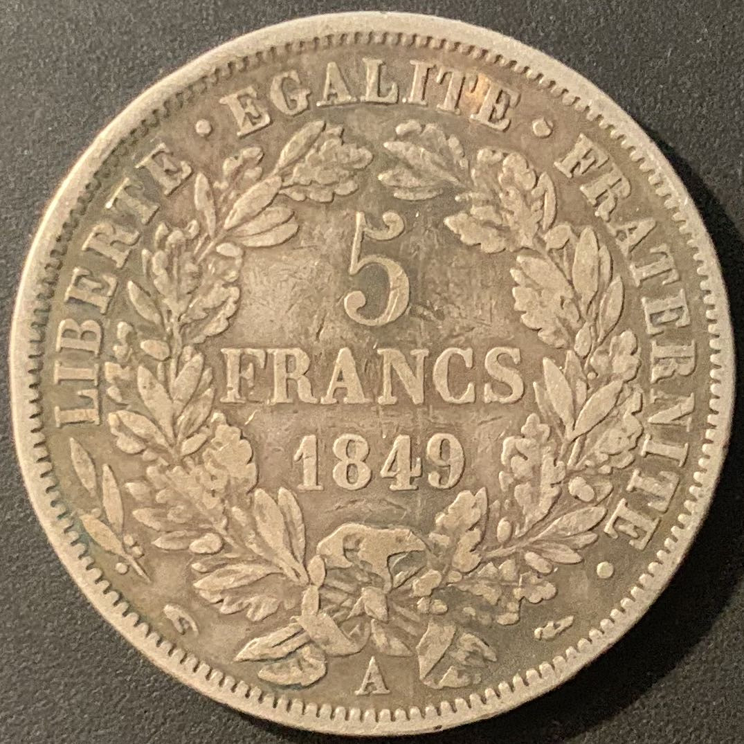 紫瑗钱币—微拍第84期  法国 1849年 A版 谷物女神 5法郎 25克 0.9银